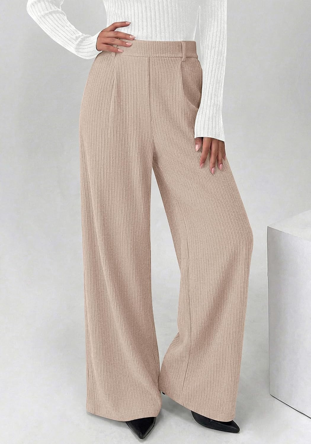 image:imageBTFBM Wide Leg Pants Woman Ribbed Business Casual Trousers Elastic High Waisted Ribbed Pleated Stretchy Lounge Palazzo Pants For Women Dressy Work With Pockets Fall Winter 2026Apricot