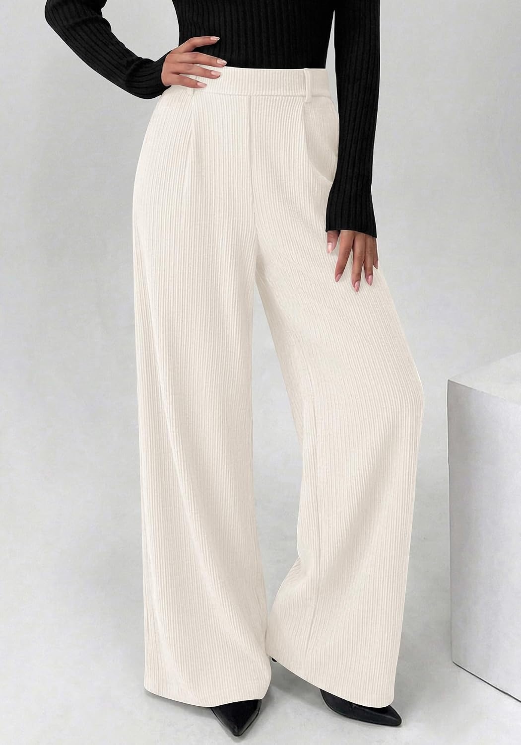 image:imageBTFBM Wide Leg Pants Woman Ribbed Business Casual Trousers Elastic High Waisted Ribbed Pleated Stretchy Lounge Palazzo Pants For Women Dressy Work With Pockets Fall Winter 2026White