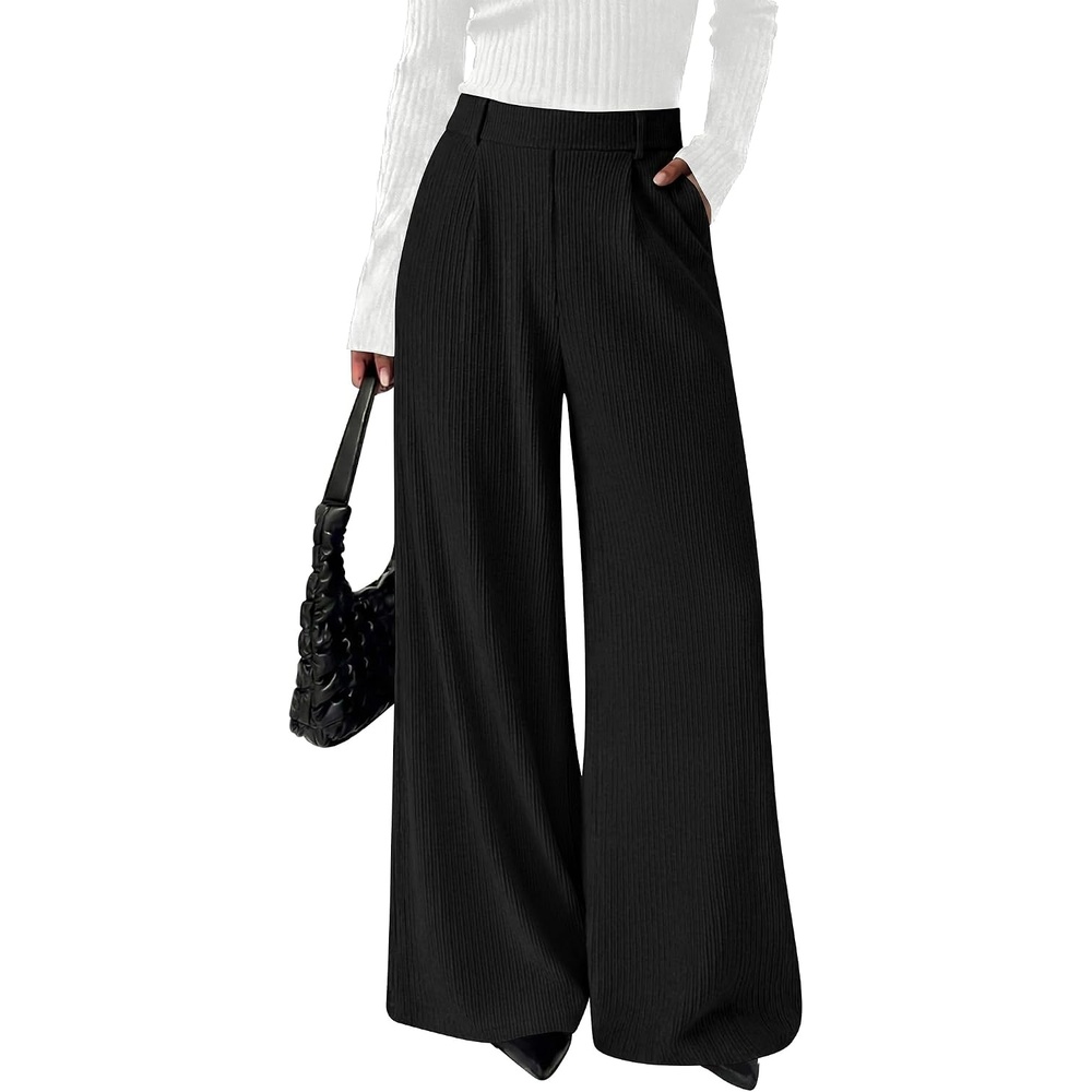 image:imageBTFBM Wide Leg Pants Woman Ribbed Business Casual Trousers Elastic High Waisted Ribbed Pleated Stretchy Lounge Palazzo Pants For Women Dressy Work With Pockets Fall Winter 2026Black