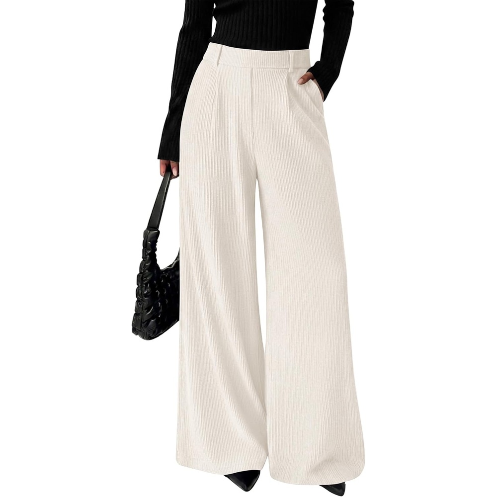 image:imageBTFBM Wide Leg Pants Woman Ribbed Business Casual Trousers  Elastic High Waisted Ribbed Pleated Stretchy Lounge Palazzo Pants For Women Dressy Work With Pockets Fall Winter 2026White