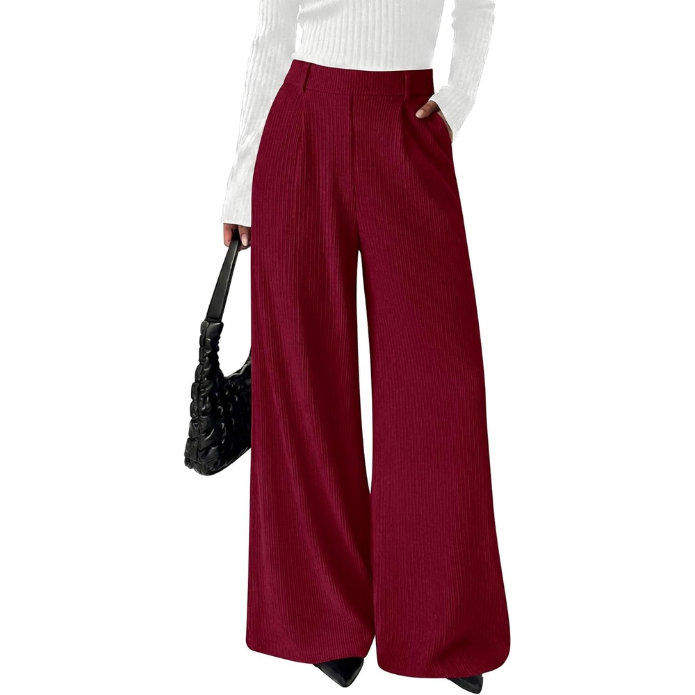 image:imageBTFBM Wide Leg Pants Woman Ribbed Business Casual Trousers Elastic High Waisted Ribbed Pleated Stretchy Lounge Palazzo Pants For Women Dressy Work With Pockets Fall Winter 2026Burgundy