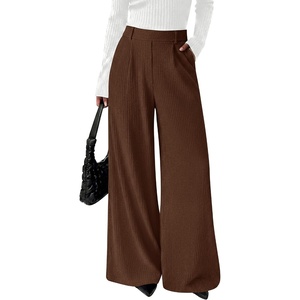 BTFBM Wide Leg Pants Woman Ribbed Business Casual Trousers | Elastic High Waisted, Ribbed, Pleated, Stretchy, Lounge Palazzo Pants For Women Dressy Work, With Pockets, Fall Winter 2026(Brown)