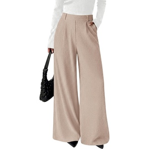BTFBM Wide Leg Pants Woman Ribbed Business Casual Trousers | Elastic High Waisted, Ribbed, Pleated, Stretchy, Lounge Palazzo Pants For Women Dressy Work, With Pockets, Fall Winter 2026(Apricot)