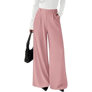 BTFBM Wide Leg Pants Woman Ribbed Business Casual Trousers | Elastic High Waisted, Ribbed, Pleated, Stretchy, Lounge Palazzo Pants For Women Dressy Work, With Pockets, Fall Winter 2026(Pink)
