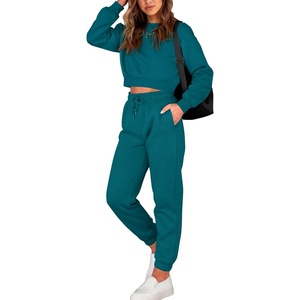 BTFBM Women 2 Piece Outfits Long Sleeve Crop Top Pullover Drawstring Pant Jogger Set Casual Sweatsuits Tracksuit Pockets(Blue Green)