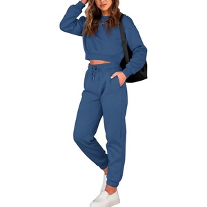 BTFBM Women 2 Piece Outfits Long Sleeve Crop Top Pullover Drawstring Pant Jogger Set Casual Sweatsuits Tracksuit Pockets(Dark Blue)