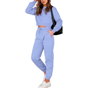 BTFBM Women 2 Piece Outfits Long Sleeve Crop Top Pullover Drawstring Pant Jogger Set Casual Sweatsuits Tracksuit Pockets(Light Blue)