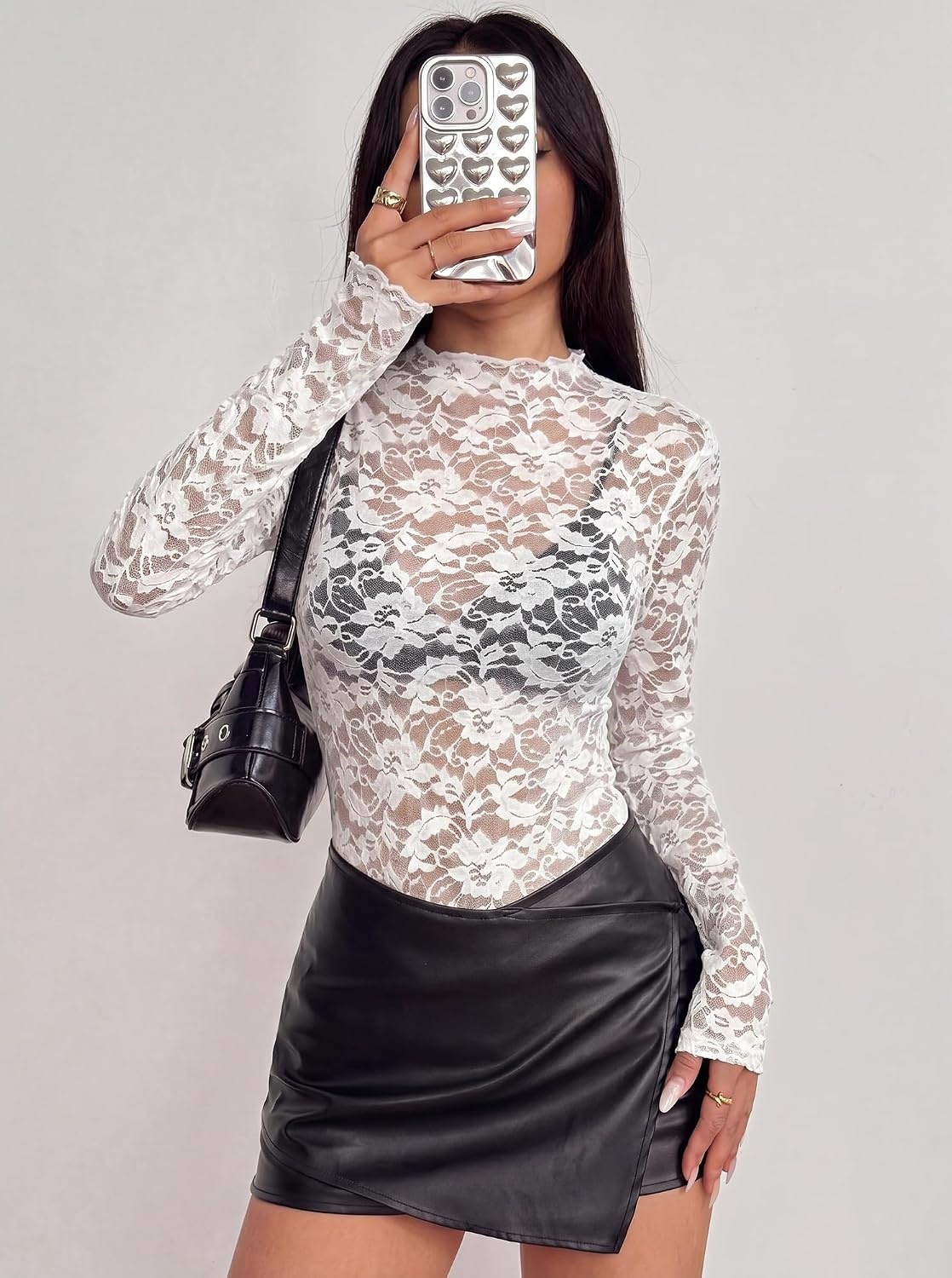 image:imageBTFBM Lace Long Sleeve Tops for Women Sexy Mesh Sheer Shirt See Through Top Crew Neck Knit Slim Fitted Tight ShirtsCocktail Party Club Outfits2026 Fall WinterWhite