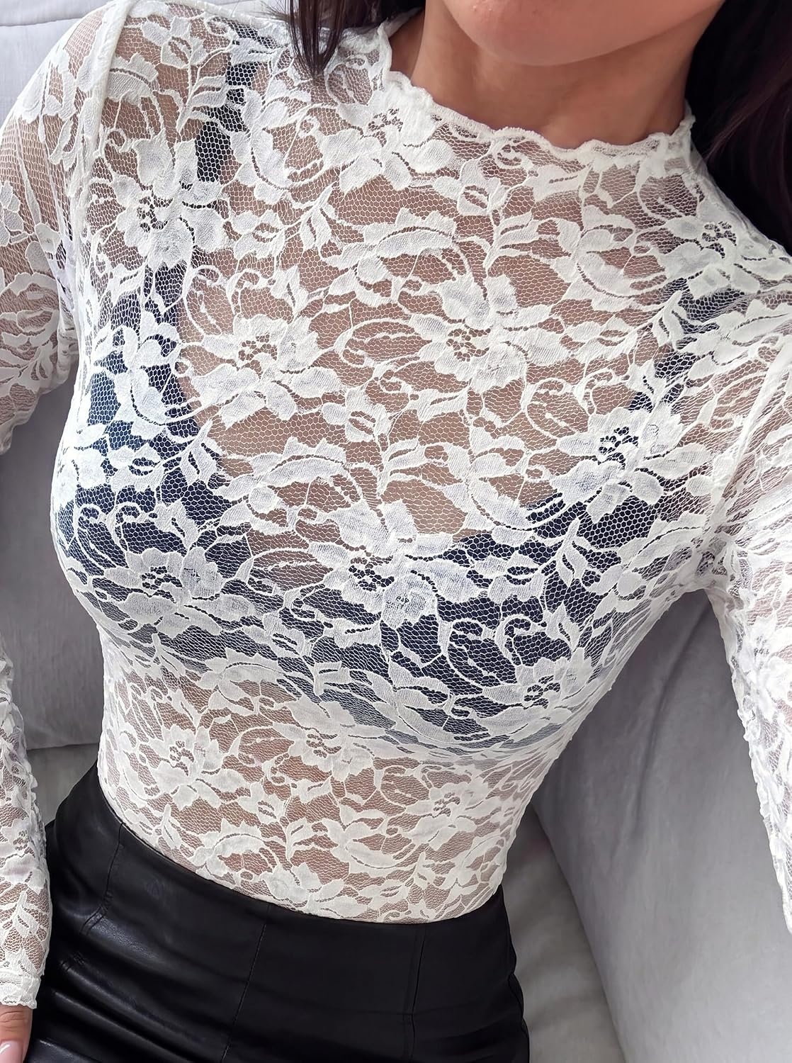 image:imageBTFBM Lace Long Sleeve Tops for Women Sexy Mesh Sheer Shirt See Through Top Crew Neck Knit Slim Fitted Tight ShirtsCocktail Party Club Outfits2026 Fall WinterWhite