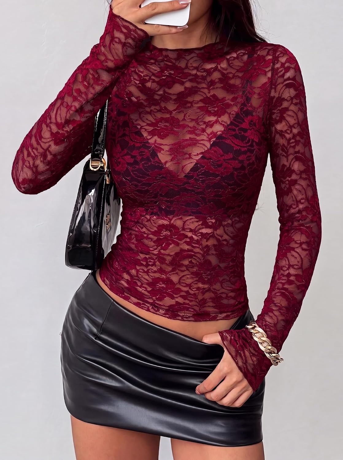 image:imageBTFBM Lace Long Sleeve Tops for Women Sexy Mesh Sheer Shirt See Through Top Crew Neck Knit Slim Fitted Tight ShirtsCocktail Party Club Outfits2026 Fall WinterBurgundy