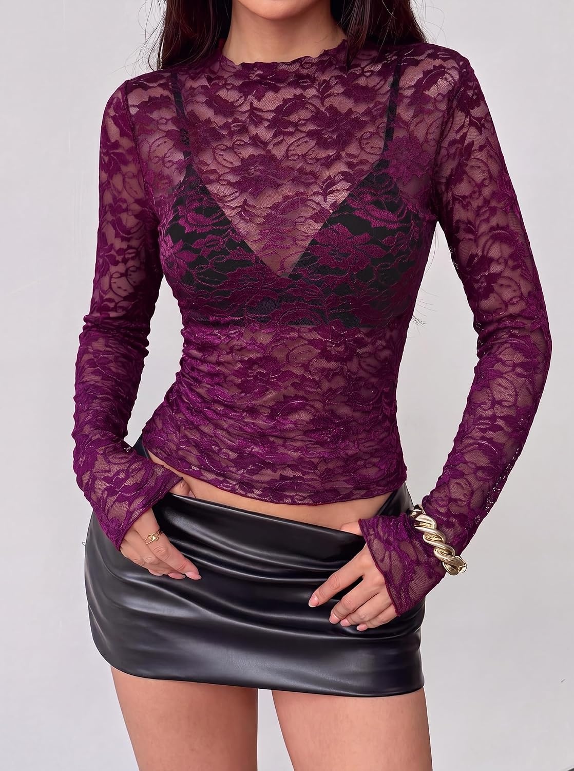 image:imageBTFBM Lace Long Sleeve Tops for Women Sexy Mesh Sheer Shirt See Through Top Crew Neck Knit Slim Fitted Tight ShirtsCocktail Party Club Outfits2026 Fall WinterPurple