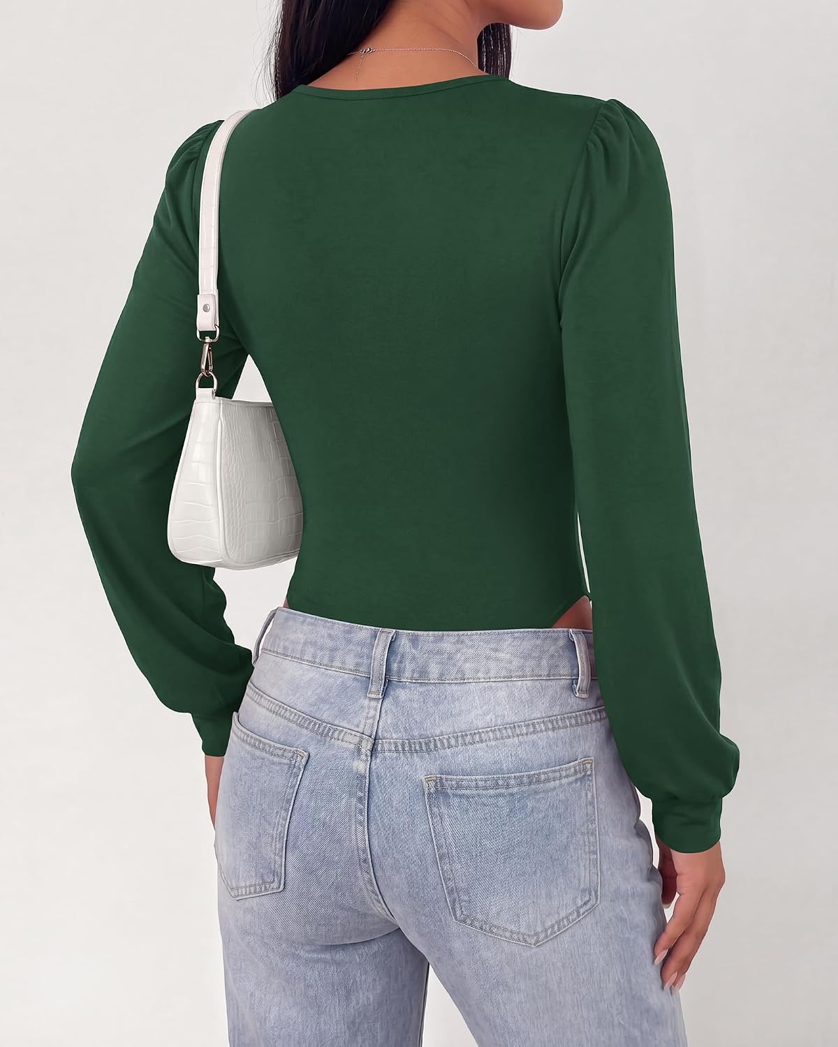 image:imageBTFBM Long Puff Sleeve Bodysuits for Women 2026 Crew Neck 2 Snap Crotch Thong ShapewearStretchy Knit High Cut LeotardsCasual Y2K Going Out TopsWinter LayerFall FashionDark Green