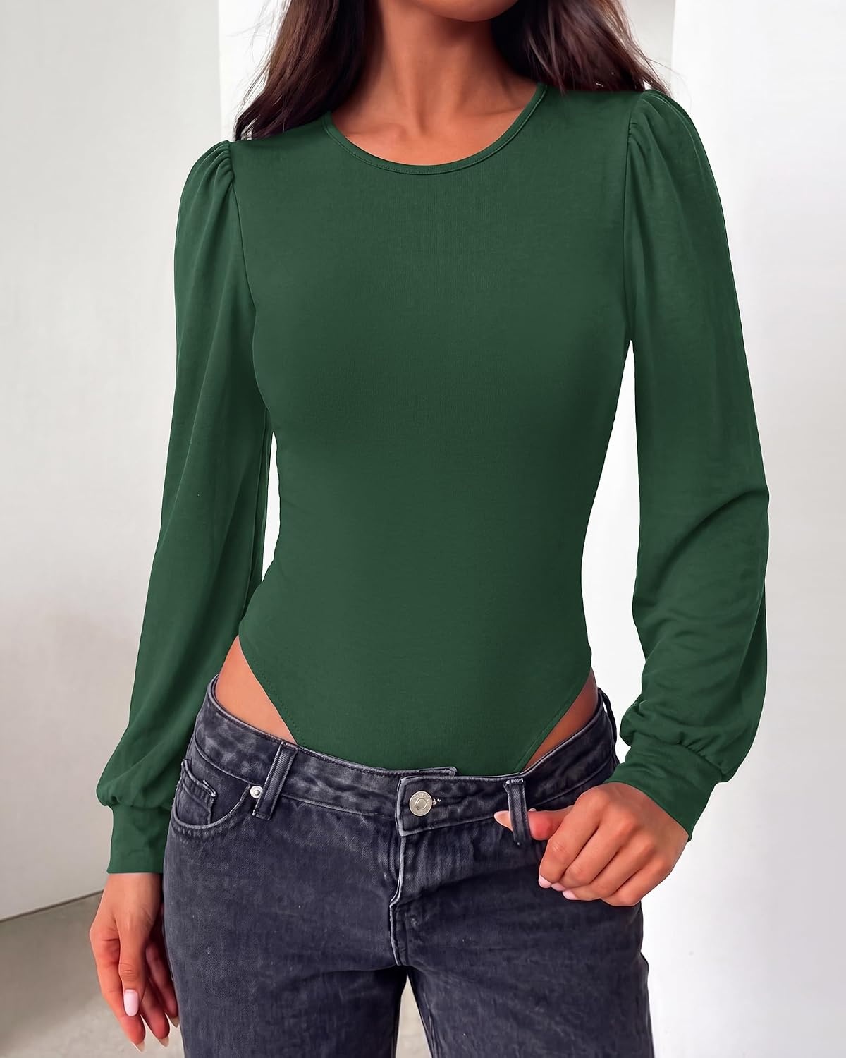 image:imageBTFBM Long Puff Sleeve Bodysuits for Women 2026 Crew Neck 2 Snap Crotch Thong ShapewearStretchy Knit High Cut LeotardsCasual Y2K Going Out TopsWinter LayerFall FashionDark Green