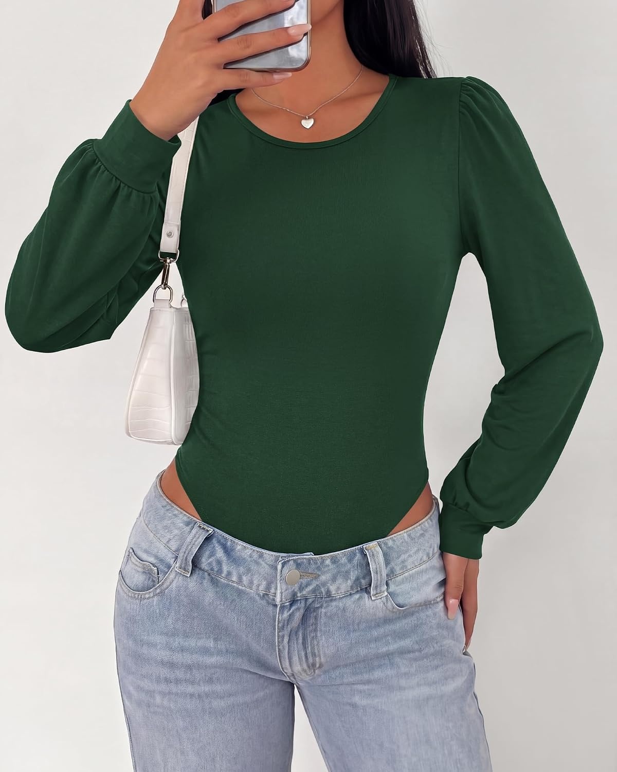 image:imageBTFBM Long Puff Sleeve Bodysuits for Women 2026 Crew Neck 2 Snap Crotch Thong ShapewearStretchy Knit High Cut LeotardsCasual Y2K Going Out TopsWinter LayerFall FashionDark Green