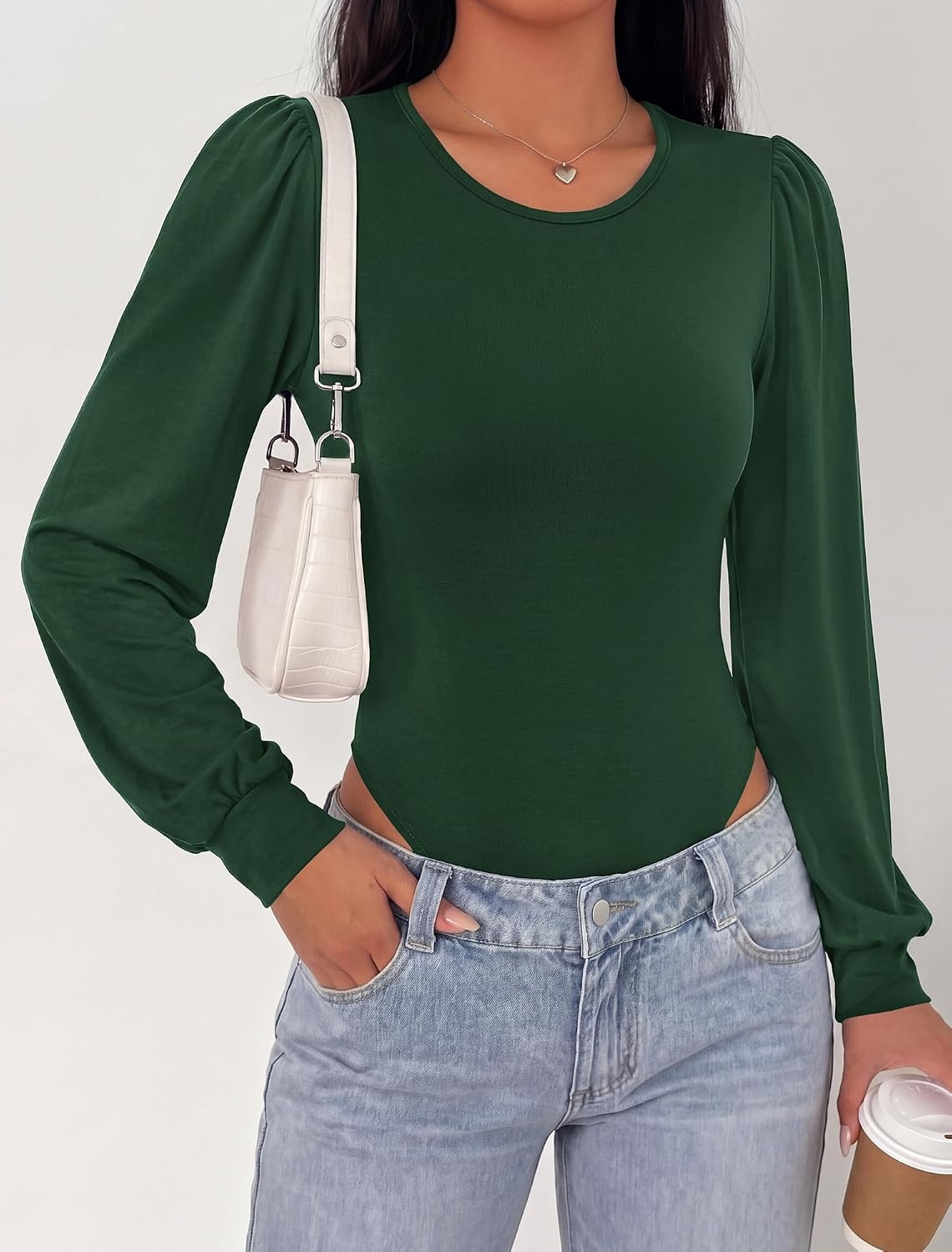 image:imageBTFBM Long Puff Sleeve Bodysuits for Women 2026 Crew Neck 2 Snap Crotch Thong ShapewearStretchy Knit High Cut LeotardsCasual Y2K Going Out TopsWinter LayerFall FashionDark Green