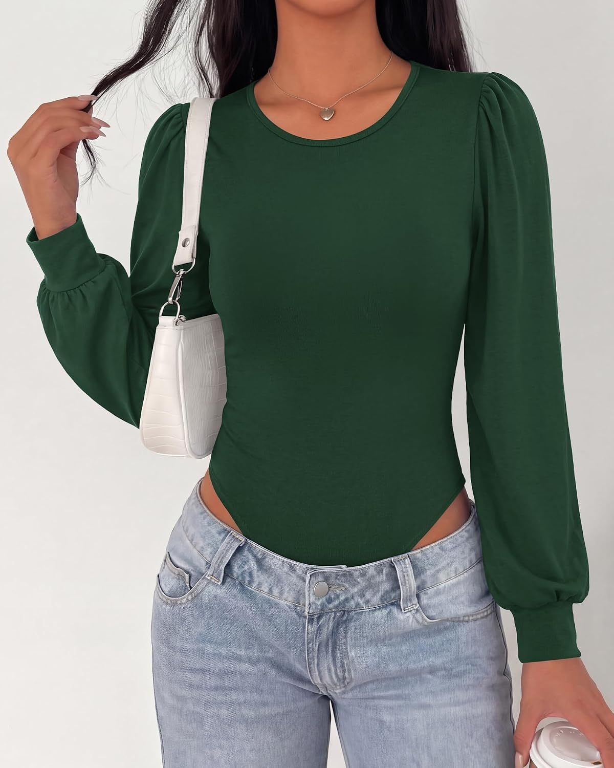 image:imageBTFBM Long Puff Sleeve Bodysuits for Women 2026 Crew Neck 2 Snap Crotch Thong ShapewearStretchy Knit High Cut LeotardsCasual Y2K Going Out TopsWinter LayerFall FashionDark Green
