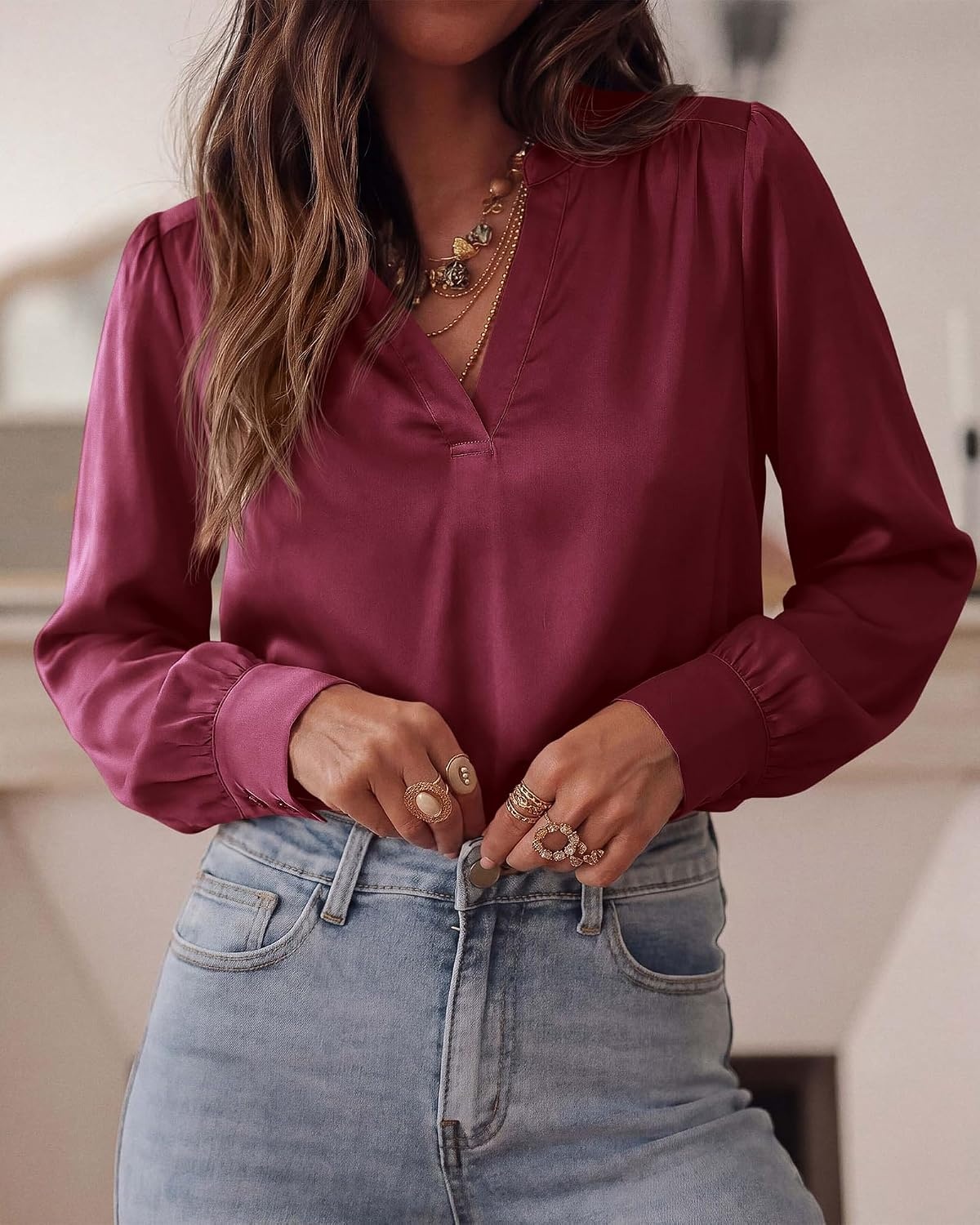 image:imageBTFBM Satin Blouses for Women Dressy Casual LightweightV NeckLong Sleeve TopsGoing Out OutfitsFall Fashion ClothingBurgundy