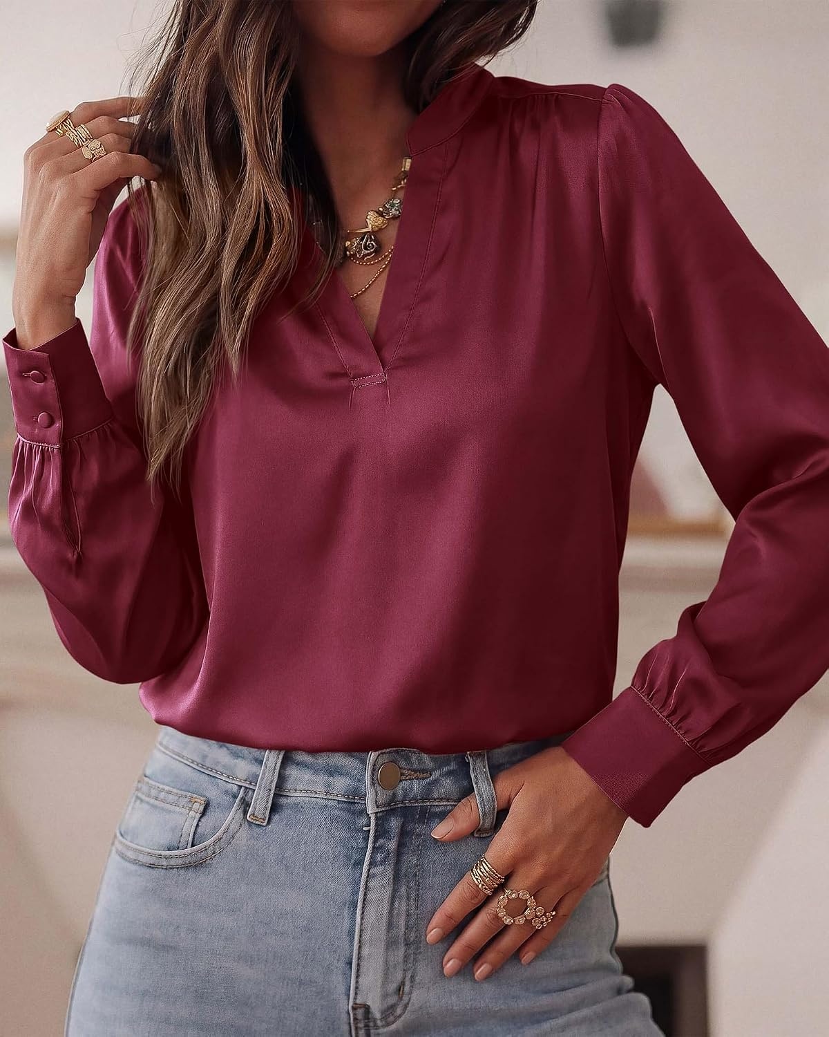 image:imageBTFBM Satin Blouses for Women Dressy Casual LightweightV NeckLong Sleeve TopsGoing Out OutfitsFall Fashion ClothingBurgundy