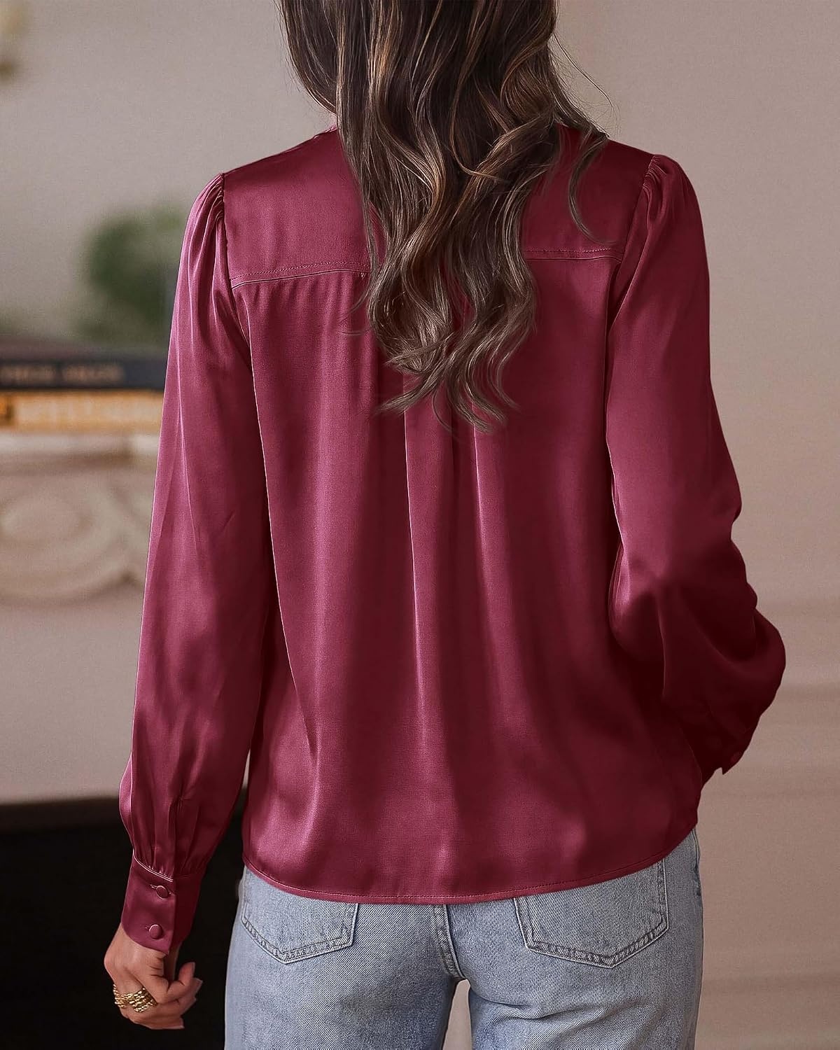 image:imageBTFBM Satin Blouses for Women Dressy Casual LightweightV NeckLong Sleeve TopsGoing Out OutfitsFall Fashion ClothingBurgundy