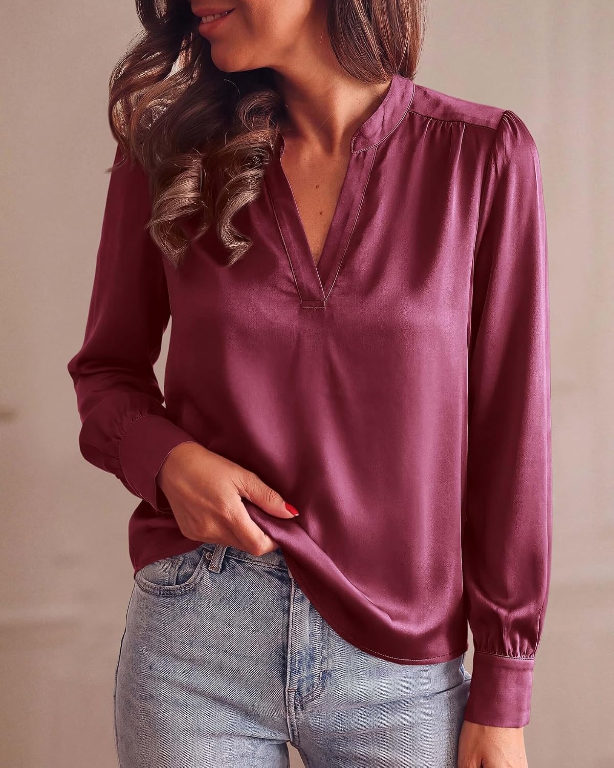 image:imageBTFBM Satin Blouses for Women Dressy Casual LightweightV NeckLong Sleeve TopsGoing Out OutfitsFall Fashion ClothingBurgundy