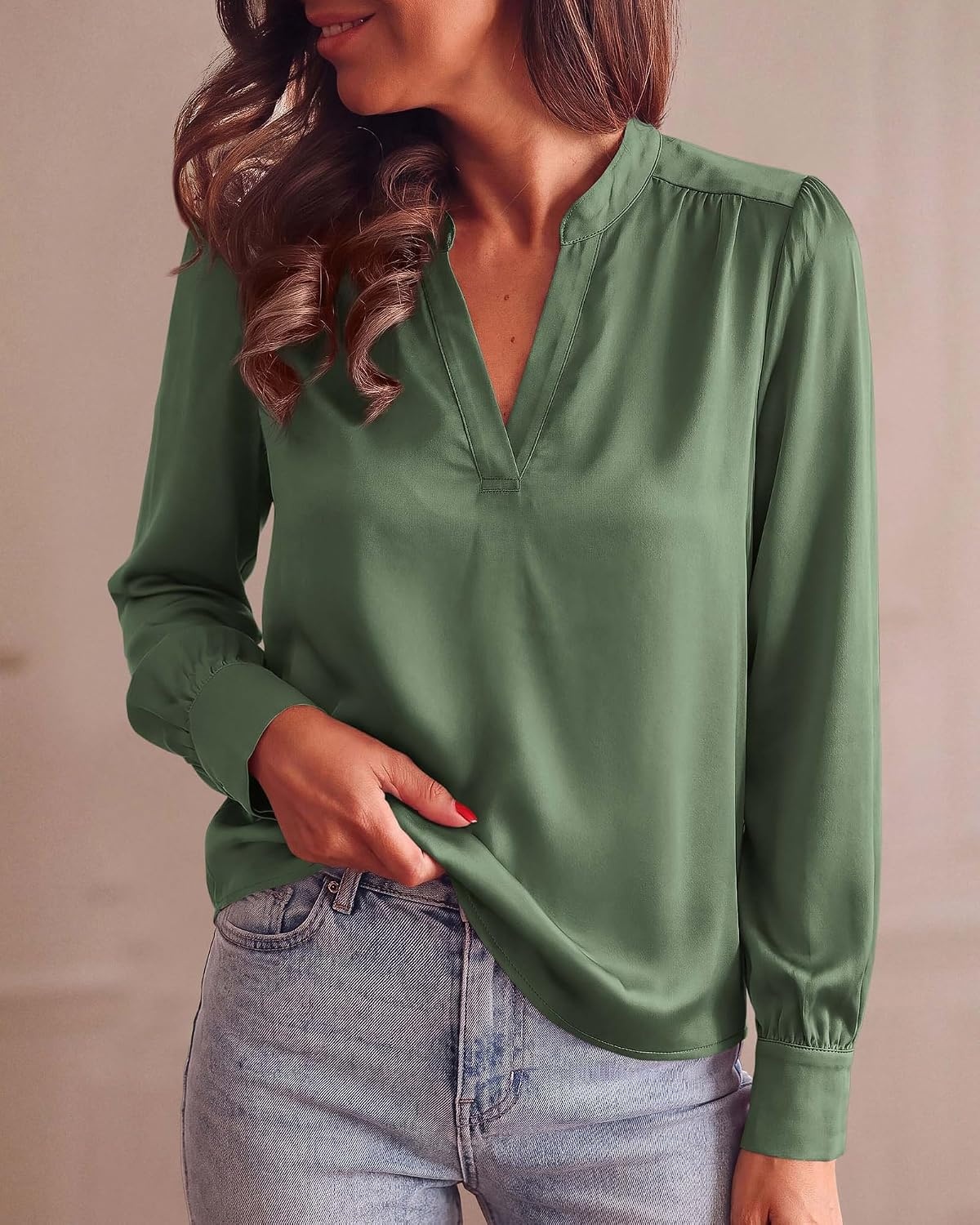 image:imageBTFBM Satin Blouses for Women Dressy Casual LightweightV NeckLong Sleeve TopsGoing Out OutfitsFall Fashion ClothingDark Green
