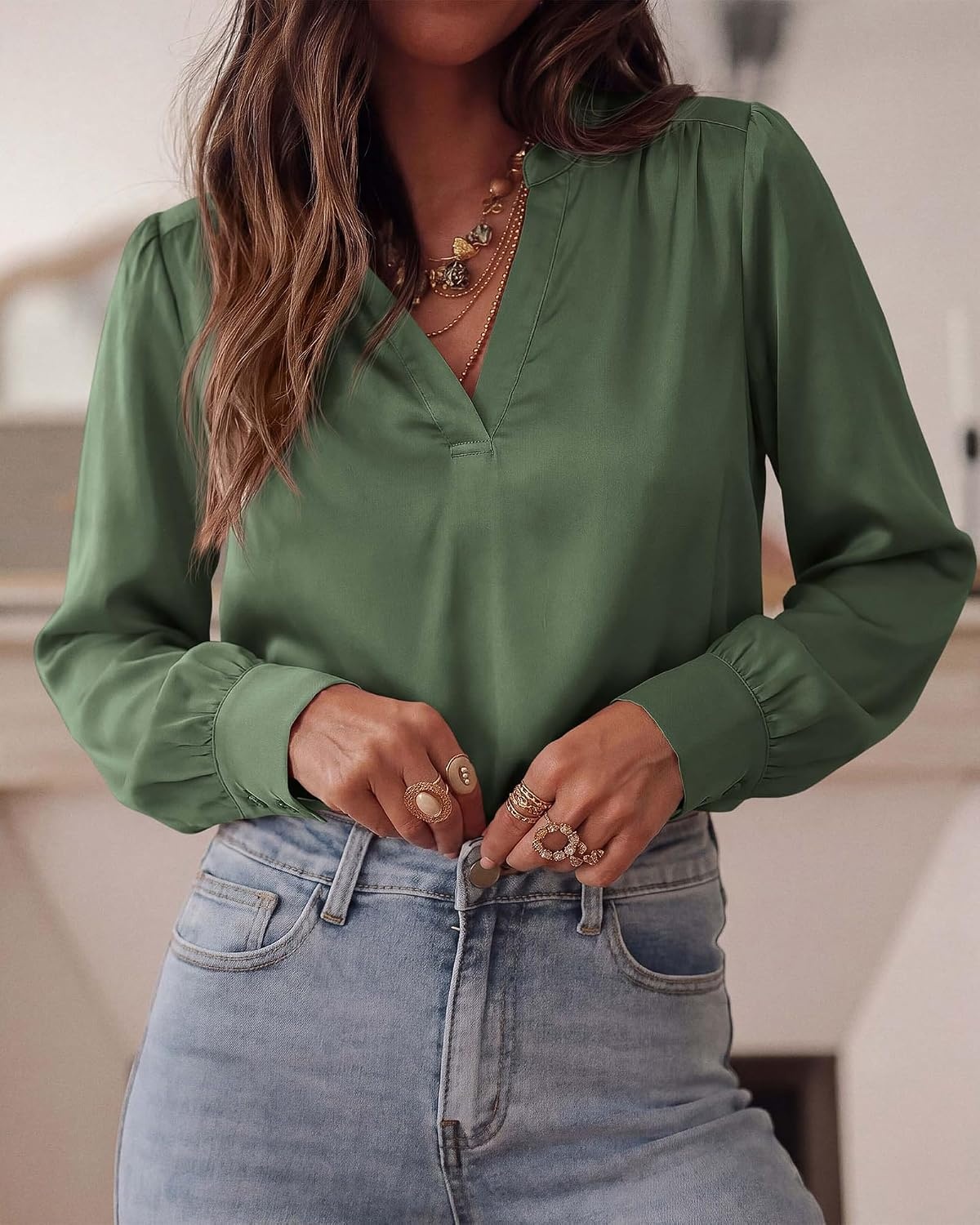 image:imageBTFBM Satin Blouses for Women Dressy Casual LightweightV NeckLong Sleeve TopsGoing Out OutfitsFall Fashion ClothingDark Green
