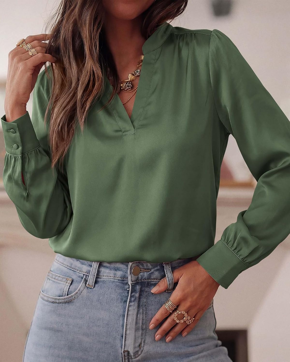 image:imageBTFBM Satin Blouses for Women Dressy Casual LightweightV NeckLong Sleeve TopsGoing Out OutfitsFall Fashion ClothingDark Green