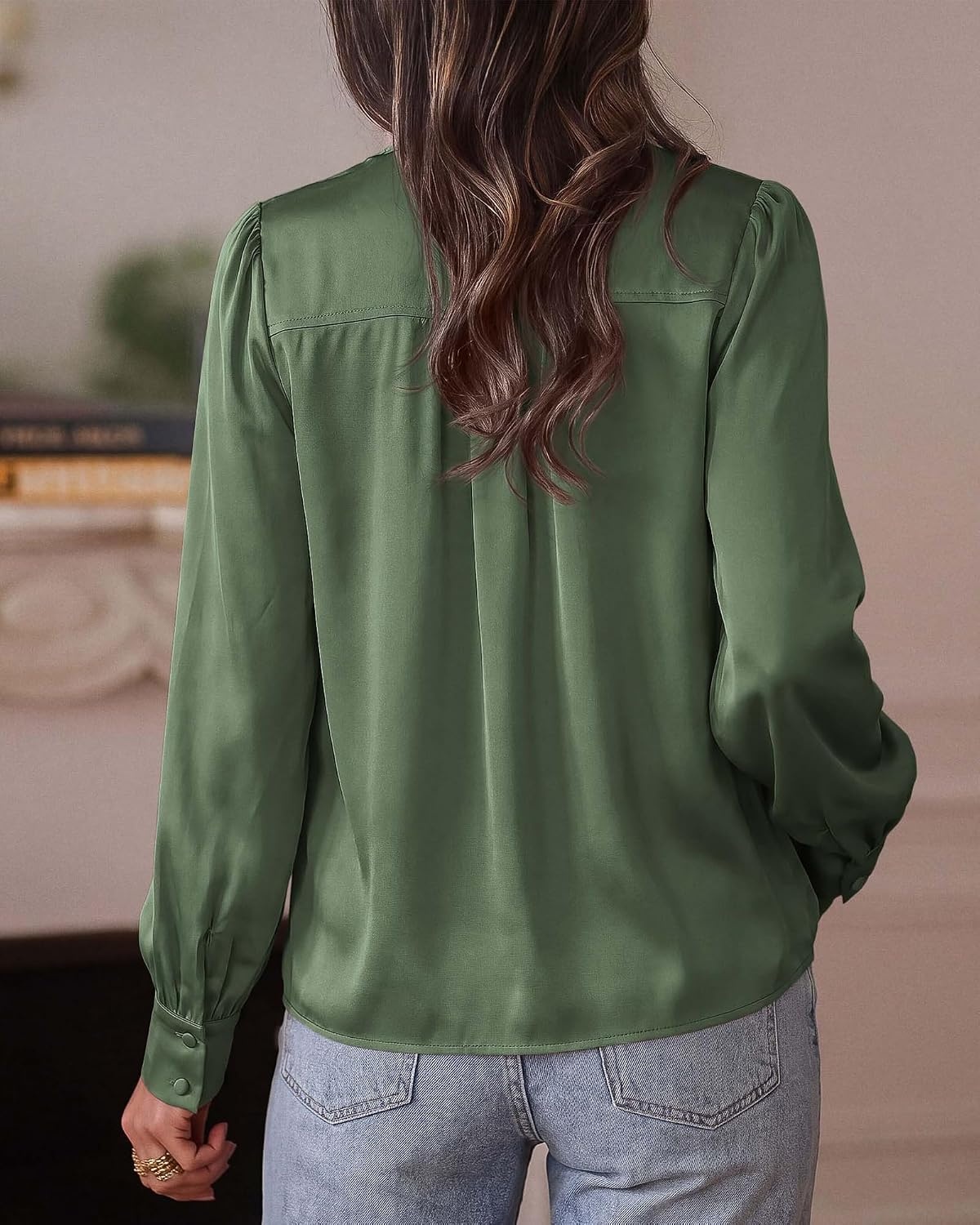 image:imageBTFBM Satin Blouses for Women Dressy Casual LightweightV NeckLong Sleeve TopsGoing Out OutfitsFall Fashion ClothingDark Green