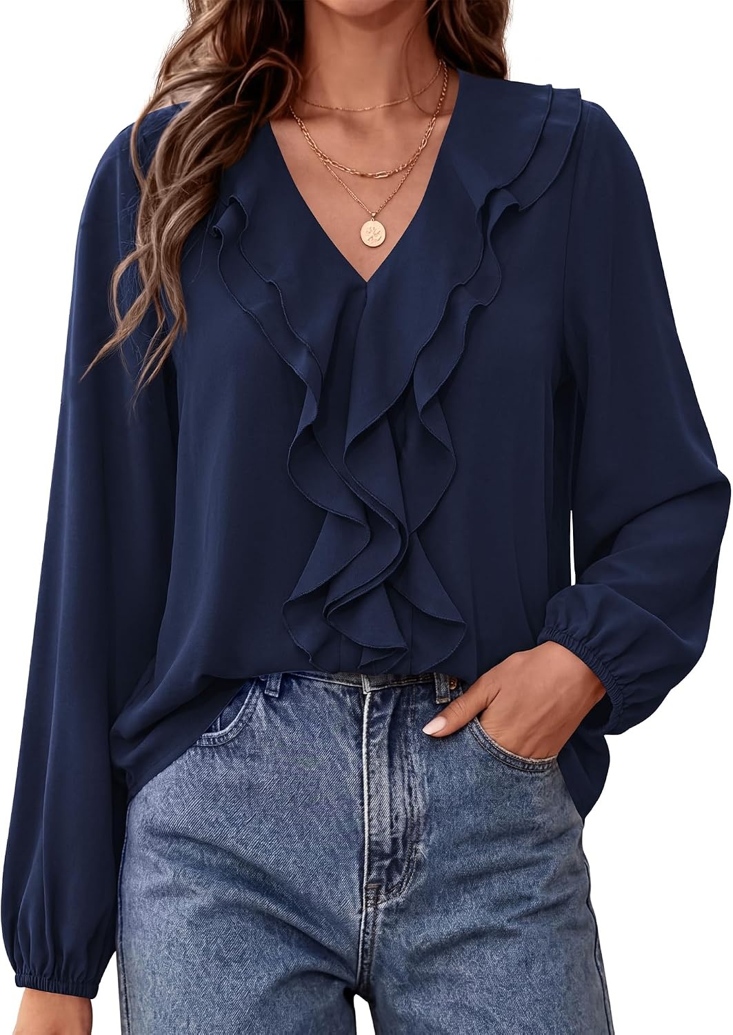 image:imageBTFBM Womens Fall Tops Ruffle Blouses Dressy Casual Double Ruffled Collar V Neck Long Sleeve Shirts Lightweight Fashion Clothing 2026 Trendy Daily Business Office Work ClothesNavy