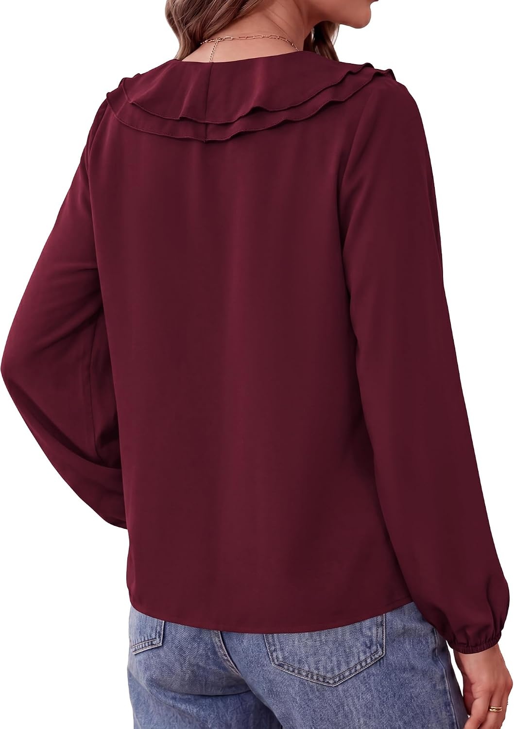 image:imageBTFBM Womens Fall Tops Ruffle Blouses Dressy Casual Double Ruffled Collar V Neck Long Sleeve Shirts Lightweight Fashion Clothing 2026 Trendy Daily Business Office Work ClothesBurgundy