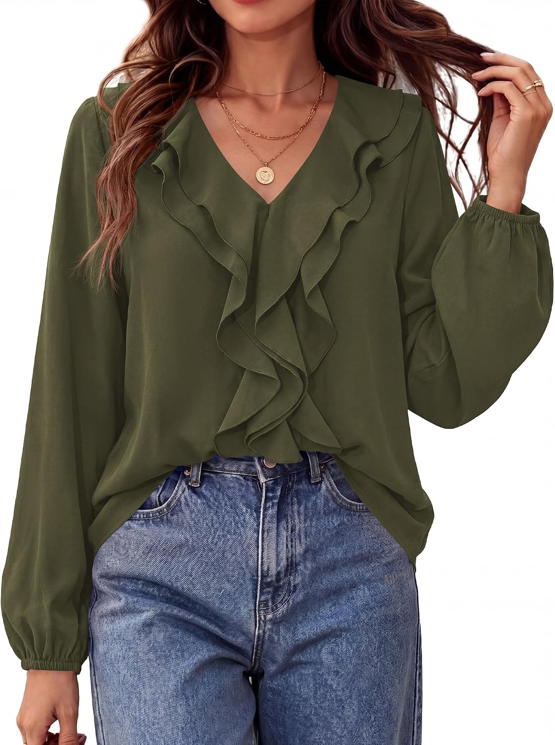 image:imageBTFBM Womens Fall Tops Ruffle Blouses Dressy Casual Double Ruffled Collar V Neck Long Sleeve Shirts Lightweight Fashion Clothing 2026 Trendy Daily Business Office Work ClothesArmy Green