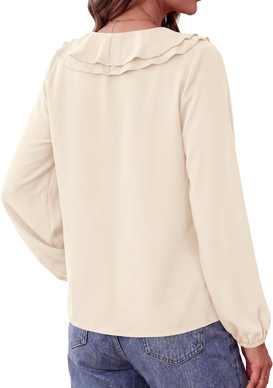 image:imageBTFBM Womens Fall Tops Ruffle Blouses Dressy Casual Double Ruffled Collar V Neck Long Sleeve Shirts Lightweight Fashion Clothing 2026 Trendy Daily Business Office Work ClothesApricot