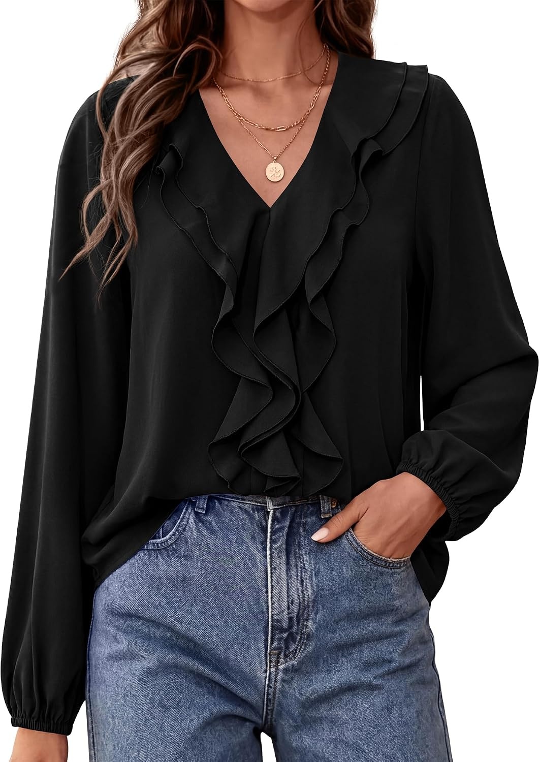 image:imageBTFBM Womens Fall Tops Ruffle Blouses Dressy Casual Double Ruffled Collar V Neck Long Sleeve Shirts Lightweight Fashion Clothing 2026 Trendy Daily Business Office Work ClothesBlack