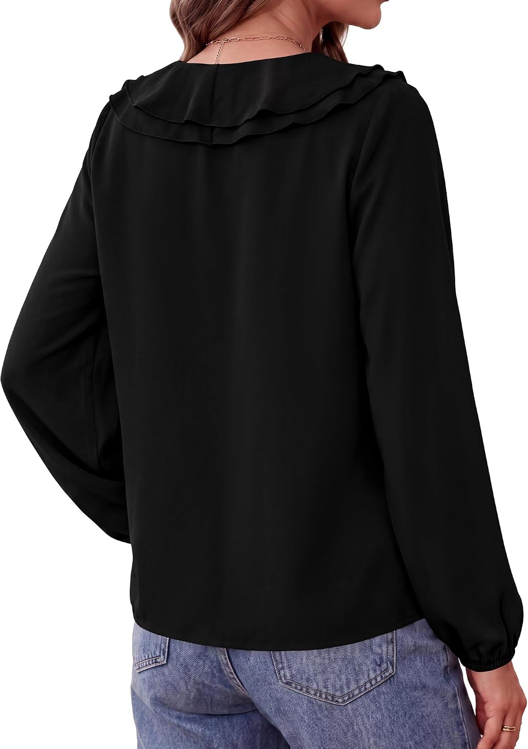 image:imageBTFBM Womens Fall Tops Ruffle Blouses Dressy Casual Double Ruffled Collar V Neck Long Sleeve Shirts Lightweight Fashion Clothing 2026 Trendy Daily Business Office Work ClothesBlack