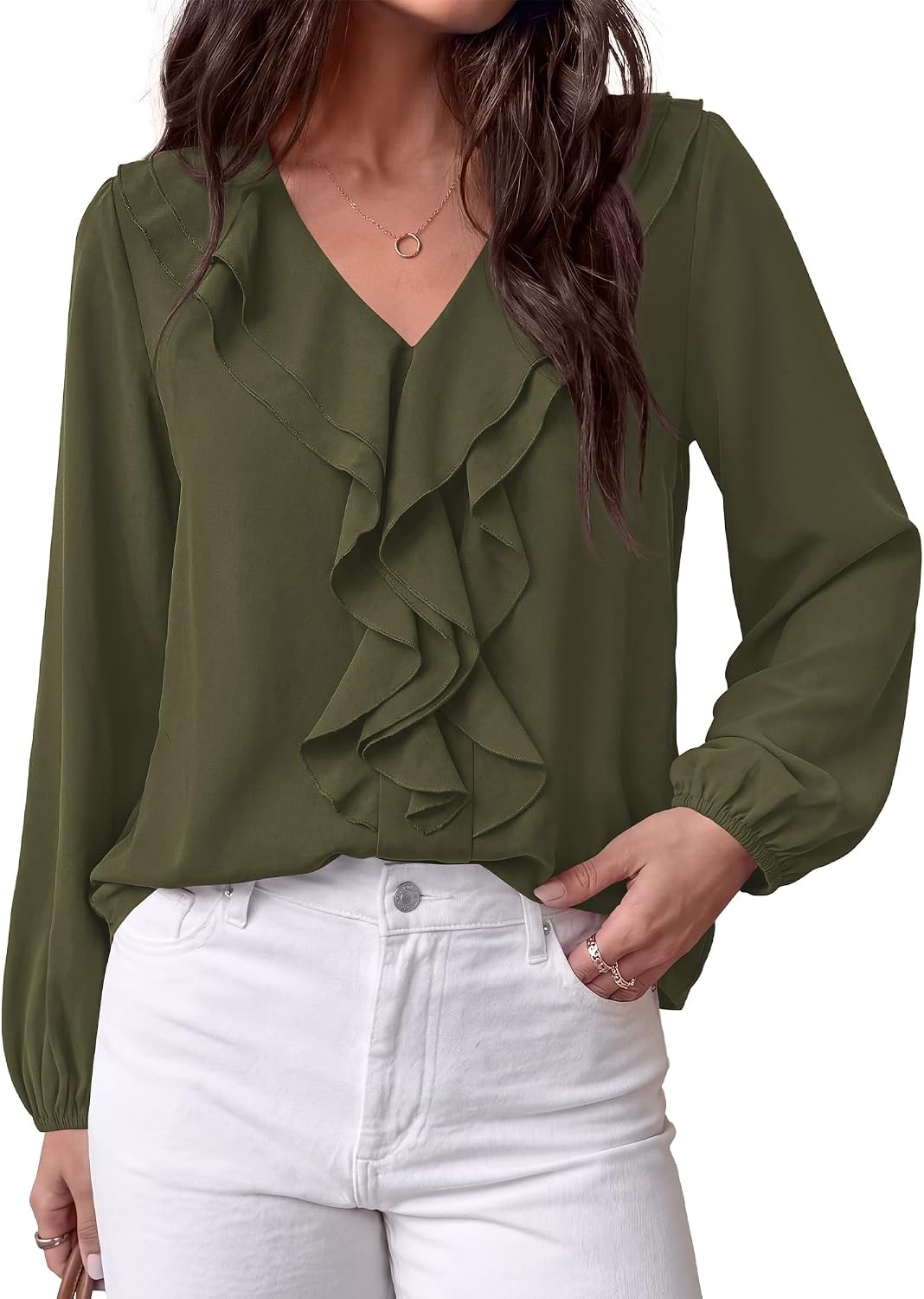 image:imageBTFBM Womens Fall Tops Ruffle Blouses Dressy Casual Double Ruffled Collar V Neck Long Sleeve Shirts Lightweight Fashion Clothing 2026 Trendy Daily Business Office Work ClothesArmy Green