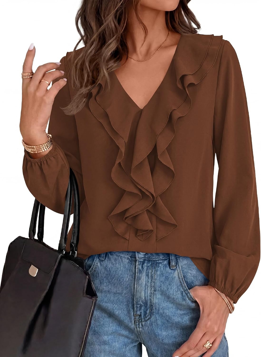 image:imageBTFBM Womens Fall Tops Ruffle Blouses Dressy Casual Double Ruffled Collar V Neck Long Sleeve Shirts Lightweight Fashion Clothing 2026 Trendy Daily Business Office Work ClothesBrown