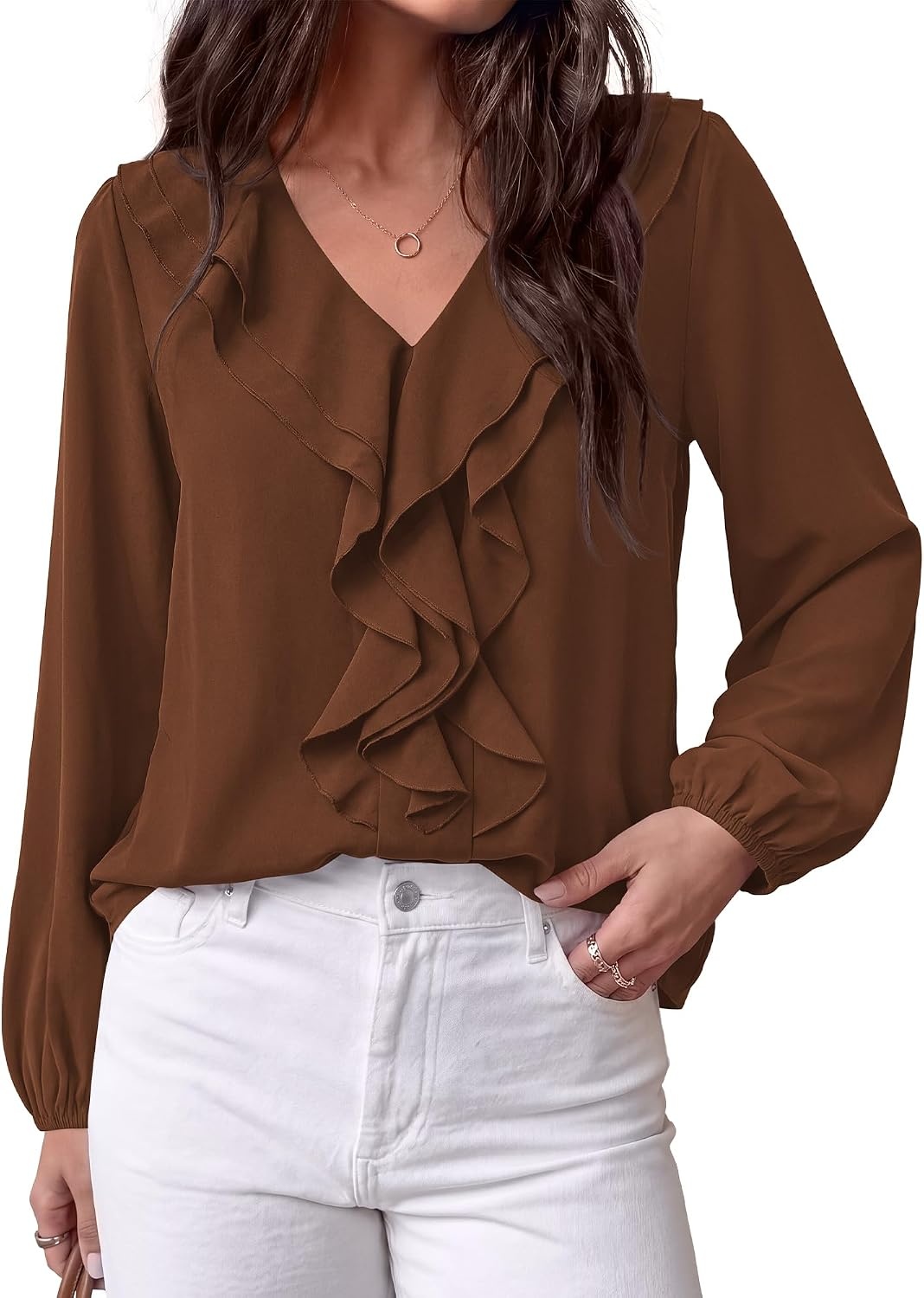image:imageBTFBM Womens Fall Tops Ruffle Blouses Dressy Casual Double Ruffled Collar V Neck Long Sleeve Shirts Lightweight Fashion Clothing 2026 Trendy Daily Business Office Work ClothesBrown