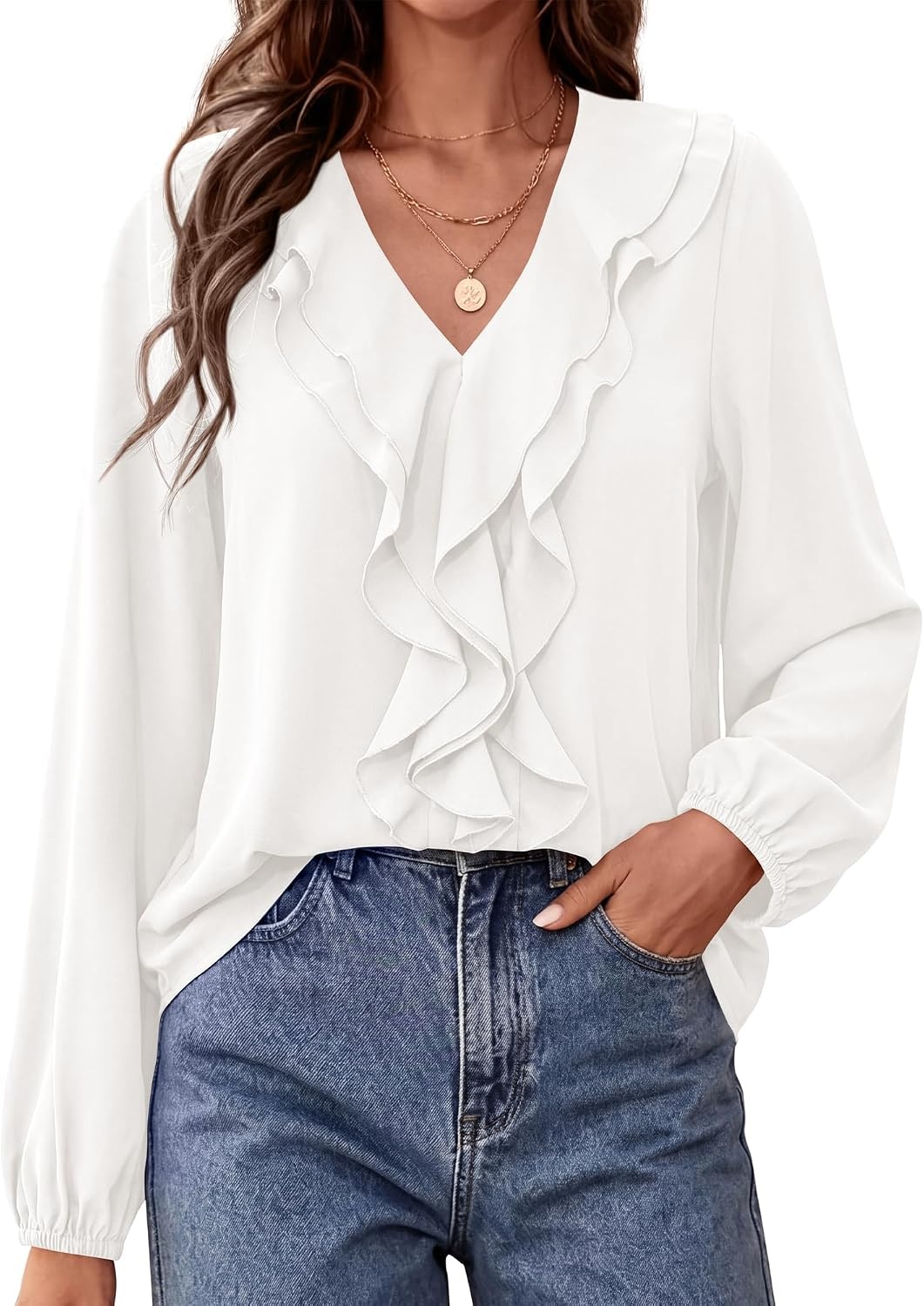 image:imageBTFBM Womens Fall Tops Ruffle Blouses Dressy Casual Double Ruffled Collar V Neck Long Sleeve Shirts Lightweight Fashion Clothing 2026 Trendy Daily Business Office Work ClothesWhite
