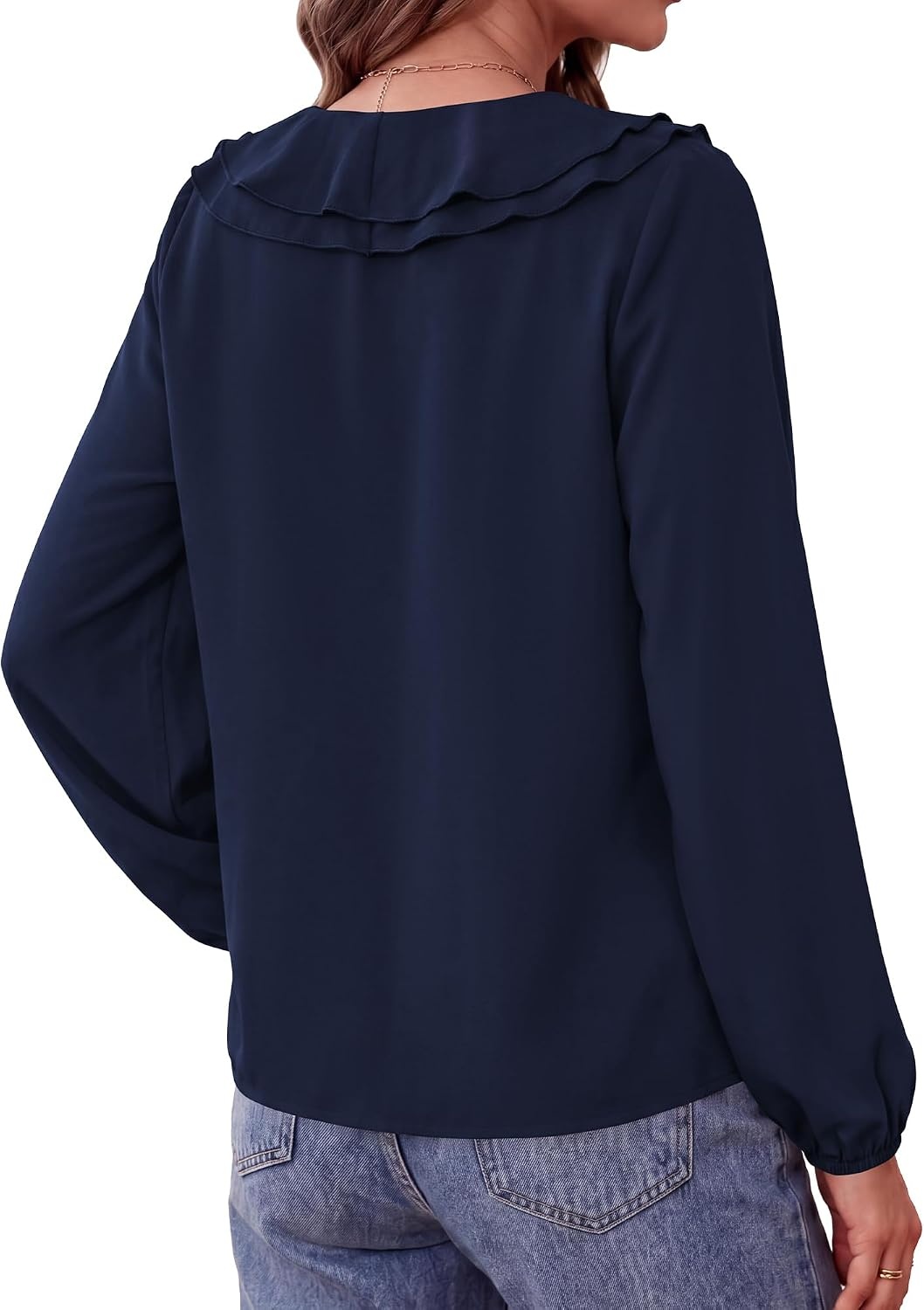 image:imageBTFBM Womens Fall Tops Ruffle Blouses Dressy Casual Double Ruffled Collar V Neck Long Sleeve Shirts Lightweight Fashion Clothing 2026 Trendy Daily Business Office Work ClothesNavy