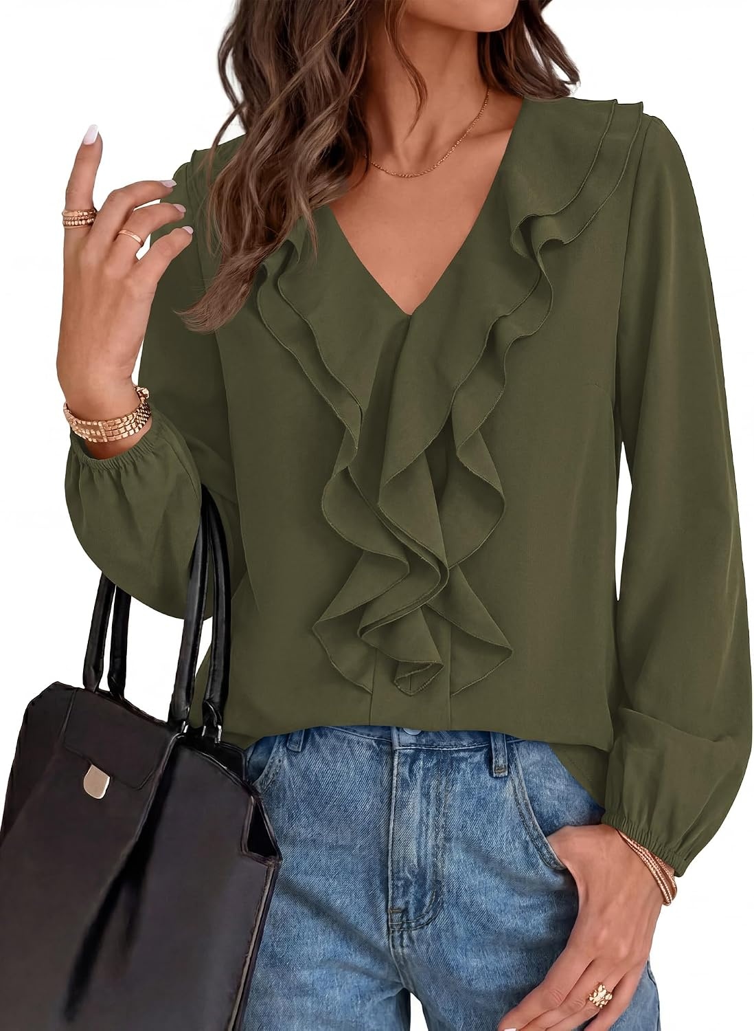 image:imageBTFBM Womens Fall Tops Ruffle Blouses Dressy Casual Double Ruffled Collar V Neck Long Sleeve Shirts Lightweight Fashion Clothing 2026 Trendy Daily Business Office Work ClothesArmy Green