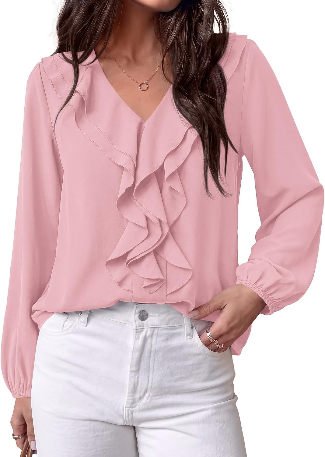 image:imageBTFBM Womens Fall Tops Ruffle Blouses Dressy Casual Double Ruffled Collar V Neck Long Sleeve Shirts Lightweight Fashion Clothing 2026 Trendy Daily Business Office Work ClothesPink