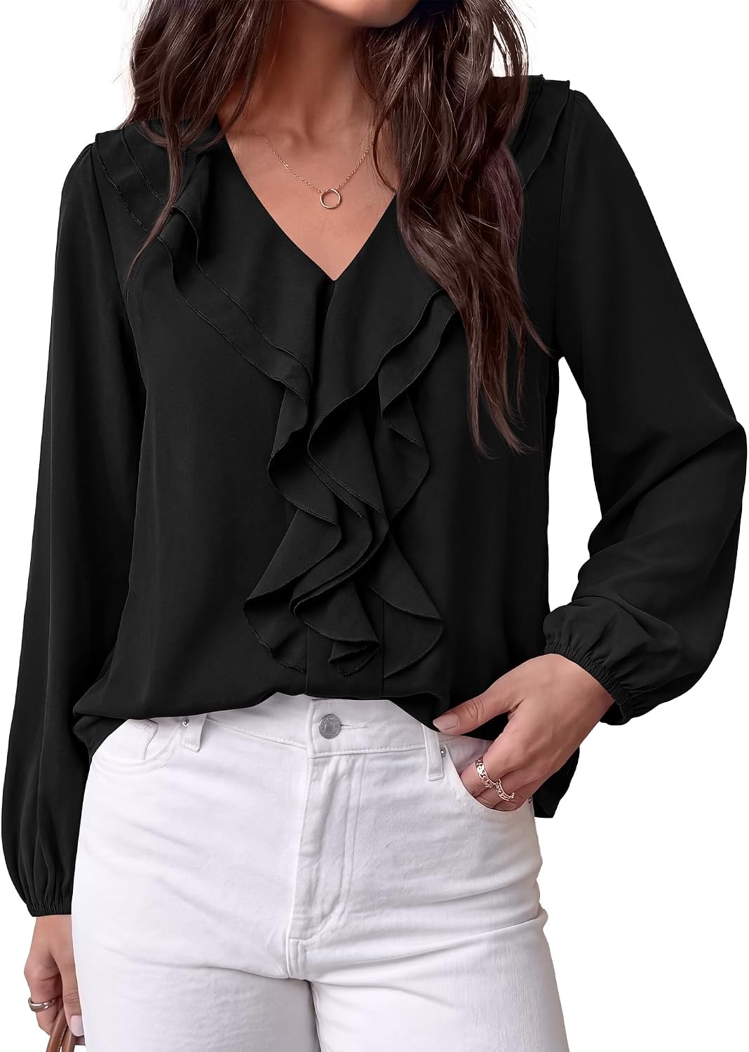 image:imageBTFBM Womens Fall Tops Ruffle Blouses Dressy Casual Double Ruffled Collar V Neck Long Sleeve Shirts Lightweight Fashion Clothing 2026 Trendy Daily Business Office Work ClothesBlack