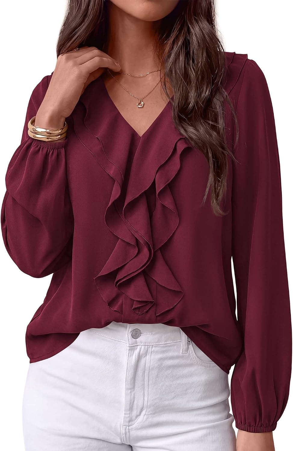 image:imageBTFBM Womens Fall Tops Ruffle Blouses Dressy Casual Double Ruffled Collar V Neck Long Sleeve Shirts Lightweight Fashion Clothing 2026 Trendy Daily Business Office Work ClothesBurgundy