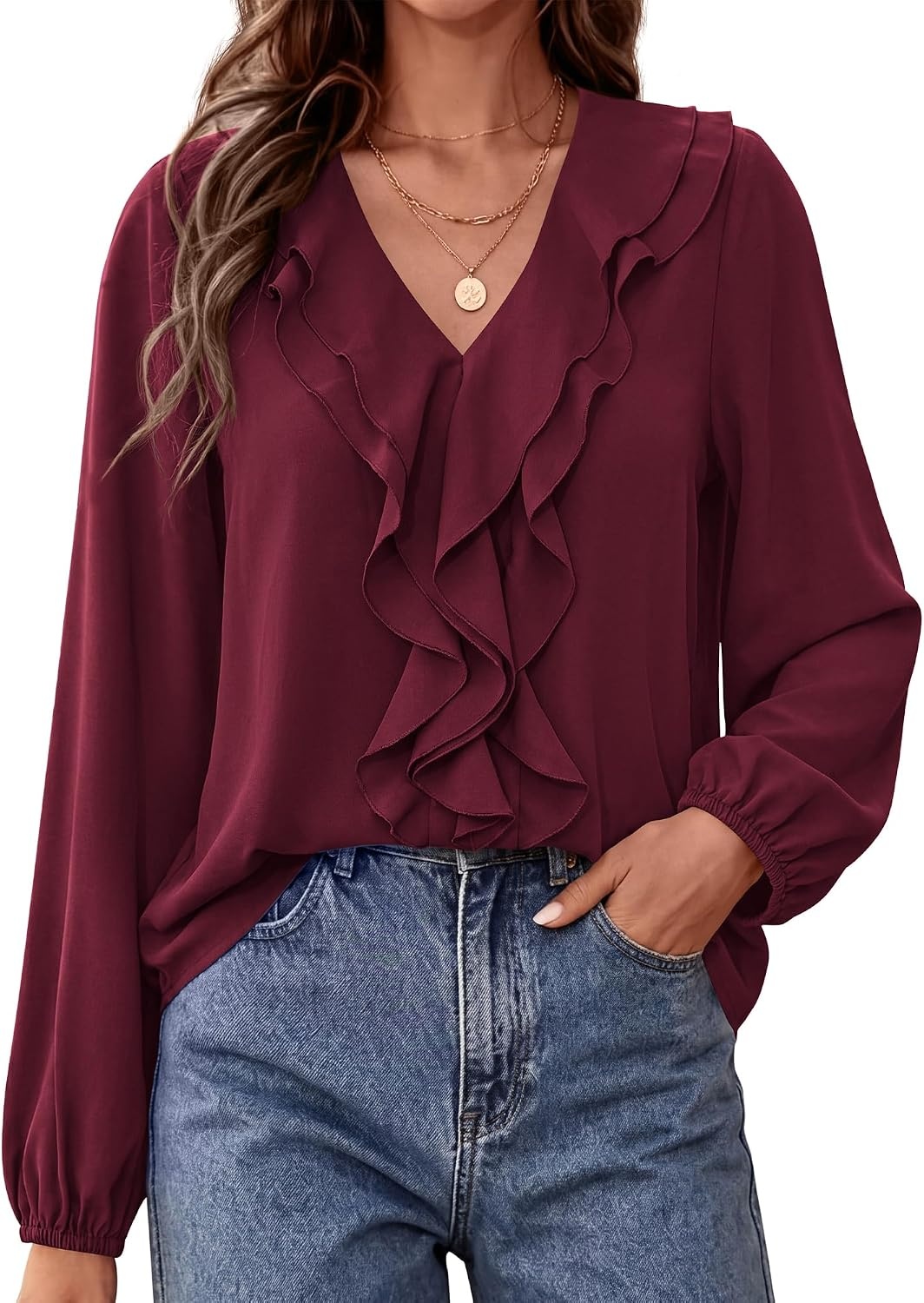 image:imageBTFBM Womens Fall Tops Ruffle Blouses Dressy Casual Double Ruffled Collar V Neck Long Sleeve Shirts Lightweight Fashion Clothing 2026 Trendy Daily Business Office Work ClothesBurgundy