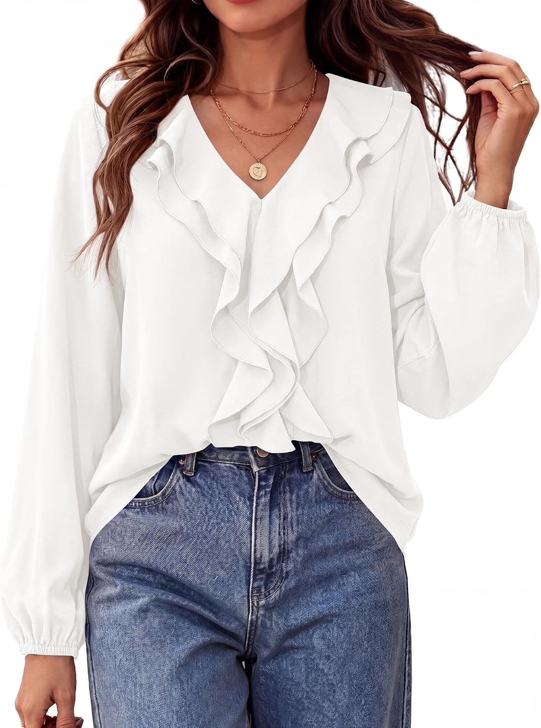 image:imageBTFBM Womens Fall Tops Ruffle Blouses Dressy Casual Double Ruffled Collar V Neck Long Sleeve Shirts Lightweight Fashion Clothing 2026 Trendy Daily Business Office Work ClothesWhite
