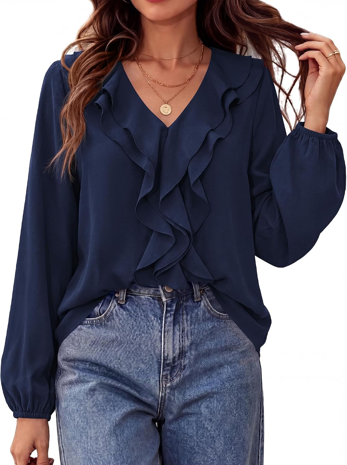 image:imageBTFBM Womens Fall Tops Ruffle Blouses Dressy Casual Double Ruffled Collar V Neck Long Sleeve Shirts Lightweight Fashion Clothing 2026 Trendy Daily Business Office Work ClothesNavy