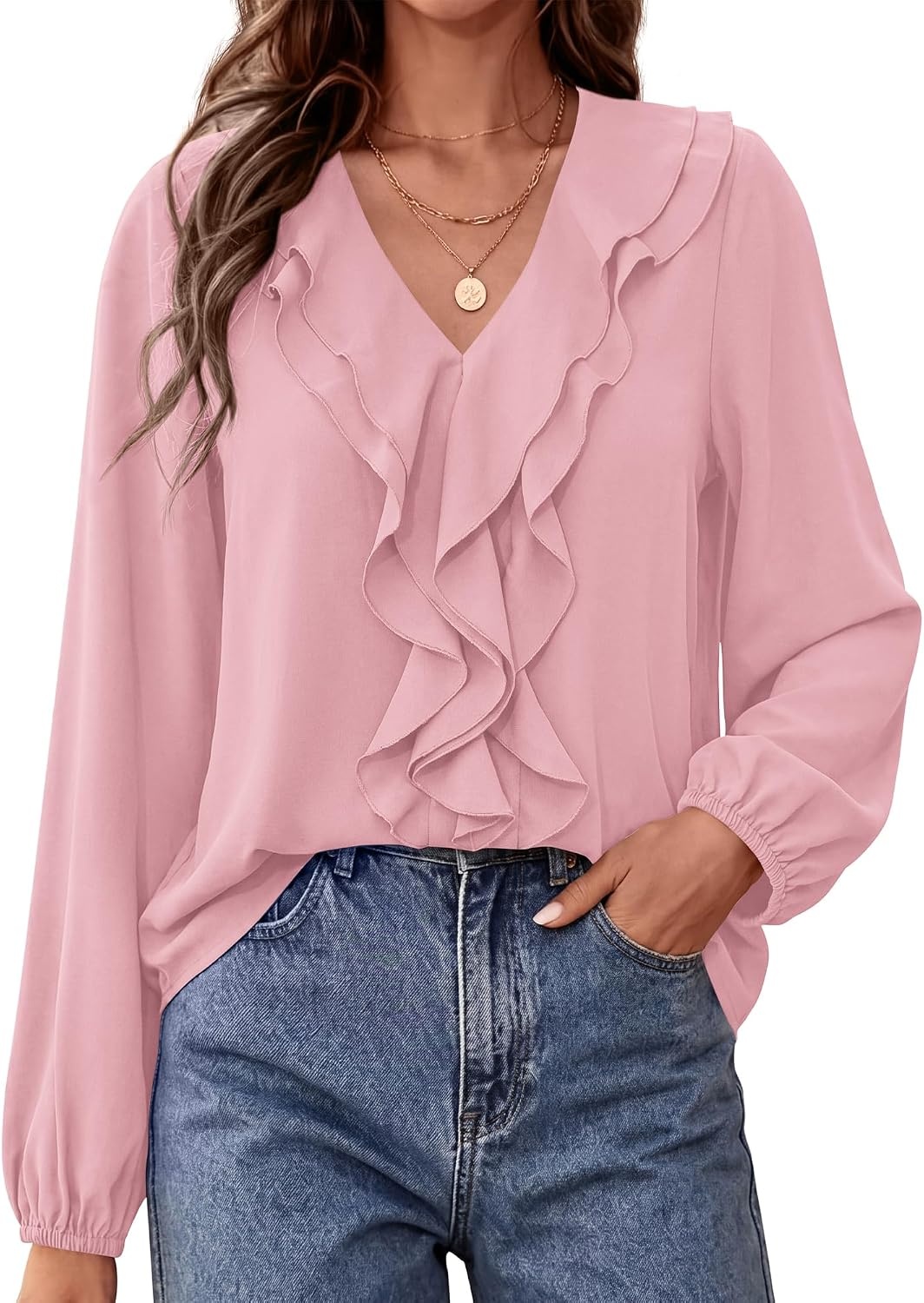 image:imageBTFBM Womens Fall Tops Ruffle Blouses Dressy Casual Double Ruffled Collar V Neck Long Sleeve Shirts Lightweight Fashion Clothing 2026 Trendy Daily Business Office Work ClothesPink