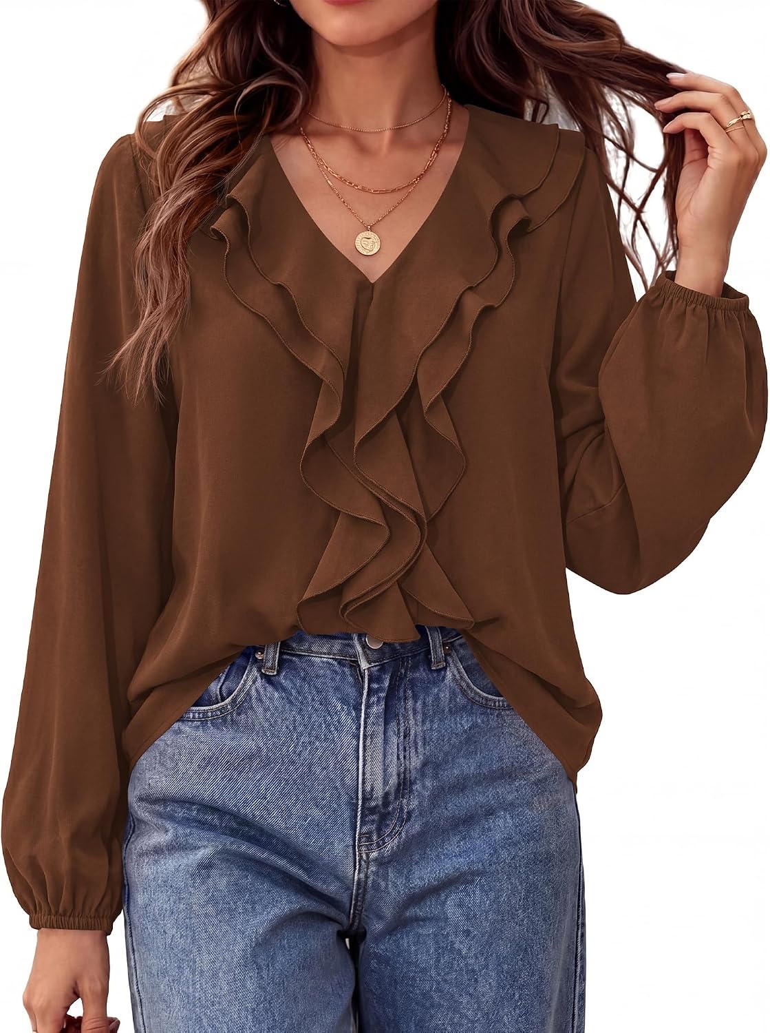 image:imageBTFBM Womens Fall Tops Ruffle Blouses Dressy Casual Double Ruffled Collar V Neck Long Sleeve Shirts Lightweight Fashion Clothing 2026 Trendy Daily Business Office Work ClothesBrown
