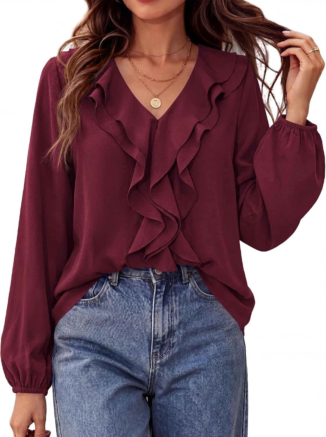 image:imageBTFBM Womens Fall Tops Ruffle Blouses Dressy Casual Double Ruffled Collar V Neck Long Sleeve Shirts Lightweight Fashion Clothing 2026 Trendy Daily Business Office Work ClothesBurgundy