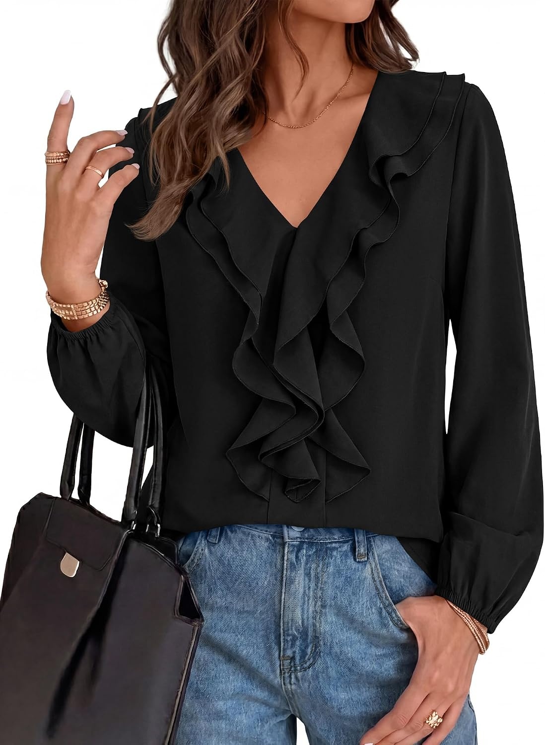 image:imageBTFBM Womens Fall Tops Ruffle Blouses Dressy Casual Double Ruffled Collar V Neck Long Sleeve Shirts Lightweight Fashion Clothing 2026 Trendy Daily Business Office Work ClothesBlack